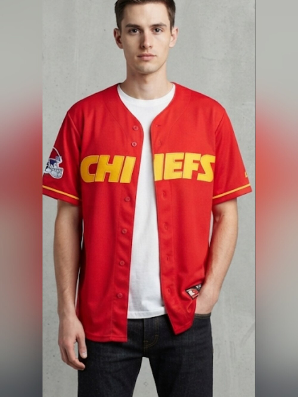 Red Chiefs Button-Front Short Sleeve Jersey with Yellow Lettering